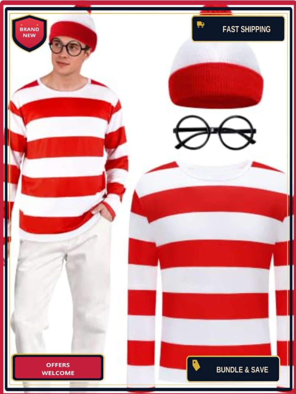 Adult Halloween Costume 3 PCS Set Long Sleeve Striped Shirt Hat Glasses